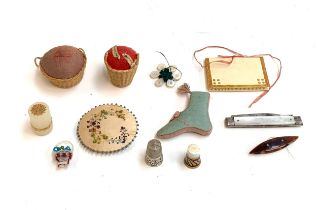 Sewing interest: A collection of 19th century sewing tools to include a likely French porcelain thim