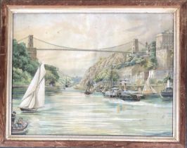 A colour print of a suspension bridge, possibly Bristol, 41x54cm