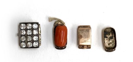 Three 19th century gold clasps, one with coral cabochon (in need of resetting); together with a