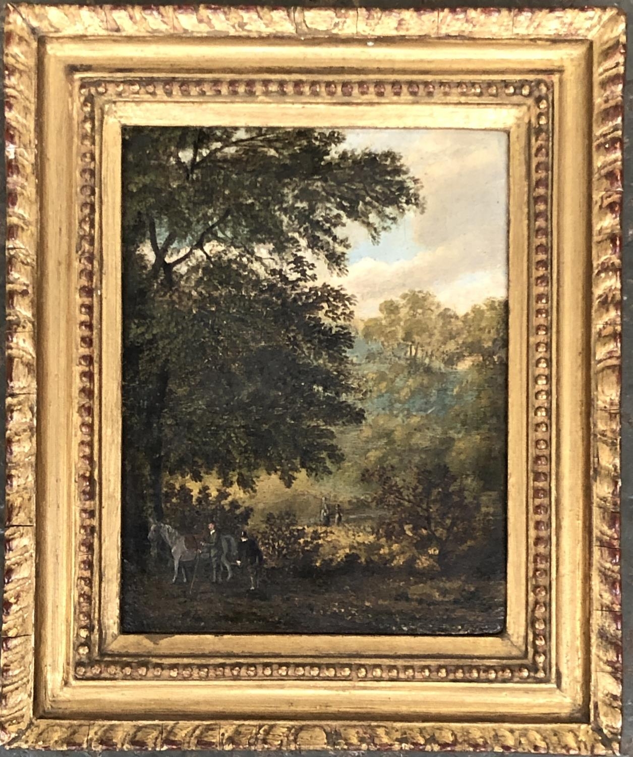 A 19th century English oil on board, pastoral scene, with figures below a tree, 15.5x12cm