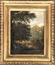 A 19th century English oil on board, pastoral scene, with figures below a tree, 15.5x12cm