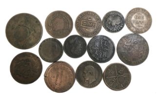 A quantity of coins to include un decime, 20 Reis 1795, 2 Baiocchi 1851, 1/2 skilling 1803, 10