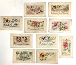 A collection of ten early 20th century and WWI silk embroidered postcards, each 9x14cm