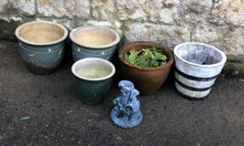 A pair of ceramic plant pots, together with a terracotta pot, etc