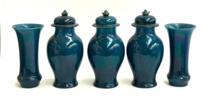 Interior design interest: three teal lustre baluster vases and covers, 30cmH; and a pair of flared
