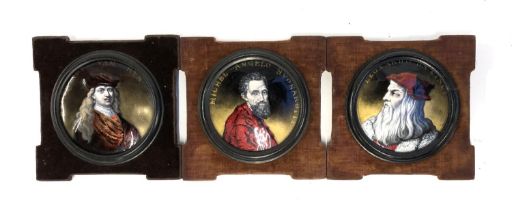 19th century Limoges plaques - Leonardo, Rembradt, and Micheael Angelo, 9.5cmD