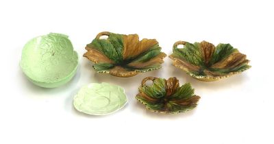 Three pieces of Carlton ware cabbage ware bowls; together with a graduating set of cabbage ware