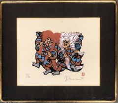 Mori Yoshitoshi (Japanese 1898-1992), 'Red and White Shishi Dancers', woodcut with hand colouring,