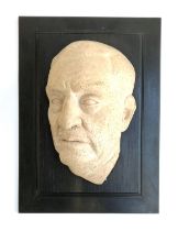A resin death mask, likely by J Gimenez De Haro, mounted on an ebonised wooden plaque, 42x30cm