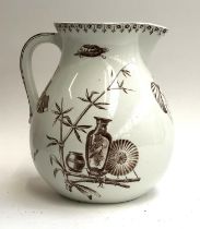 A large Victorian Paragon transferware jug, c.1880, various Aesthetic movement motifs including