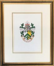 Armorial crest watercolour, motto 'Tiems a la Verite', 27x20cm