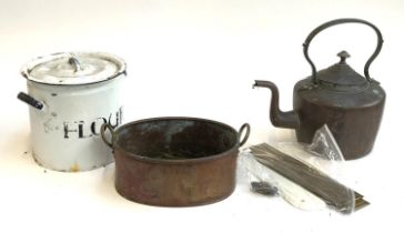 A quantity of metal items to include copper kettle, enamel bread bin, kettle, clothes washer, door