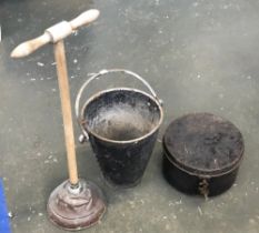 A Victorian riveted fire bucket; together with an enamel hat box and laundry plunger (3)