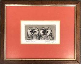George Engle (1932-1983), 'Tawny Owls', drypoint etching, 5x10cm