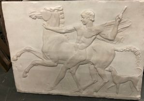 A cast resin plaque, classical relief with youth and horse, 101x75cm