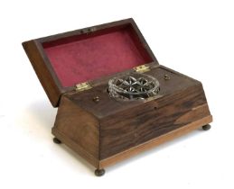 A Victorian rosewood tea caddy, on brass ball feet, mixing bowl present, 33x19x19cm