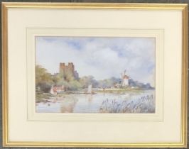 Beckitt Lamb, early 20th century watercolour study of a castle and windmill, 21x33cm