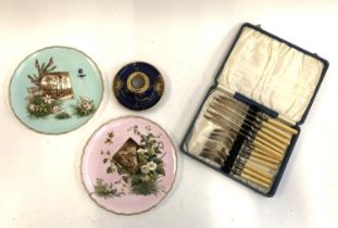 A mixed box to include cased fish knives and forks, Carlton ware cobalt blue and gilt inkwell