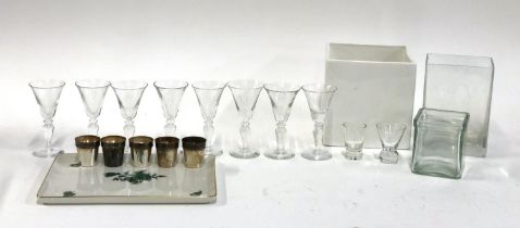 A set of eight hand blown stemmed schnapps glasses, five silver plated shot glasses etc