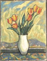 Rodney Fryer Russell (1918-1996), still life of tulips in a vase, oil on canvas, 41x31cm