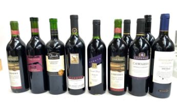 Ten bottles of red wine, mostly Australian