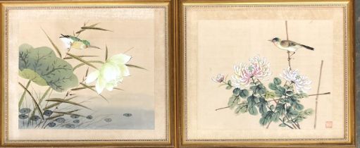 Two Chinese paintings on silks, depicting songbirds, each 21x25cm