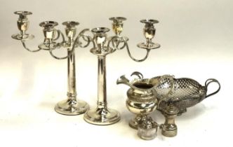 A pair of three arm candlesticks, pierced bonbon dish, jug, pepper mill etc