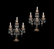 A pair of Continental moulded glass candelabra, perhaps Beykoze, each with three etched glass