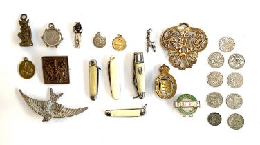 A mixed lot to include a WWI touch wud fumsup lucky charm, silver mounted 1892 South African ZAR