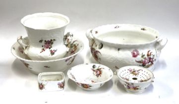 A set of Victorian floral hand painted porcelain (af), comprising a large twin handled planter