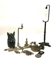A mixed lot of brass to include parts of a Victorian balance, brass Napoleon model on plinth,