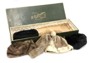Six various vintage fur hats, in a faux alligator box marked 'L.G Franked, Bondwerker, Dordrecht'