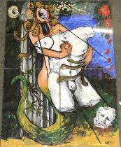 21st century British, Quadriptych of a cyclops mermaid holding a decapitated sculpture of Zeus,