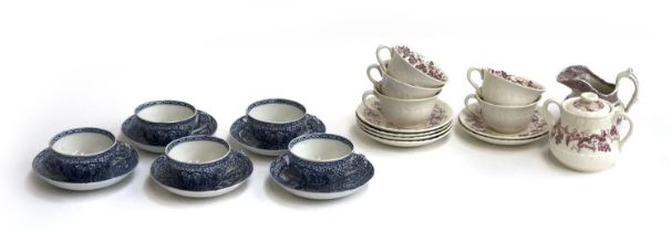 A set of five Adams blue and white teacups and saucers; together with Wedgwood 'Old Vine' set of