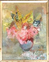 Elaine Halliwell, 'Poppies and Golden Leaves', still life of a vase of flowers, oil on board,