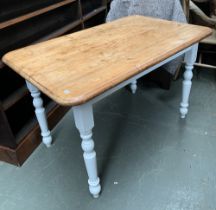 A small pine kitchen table on white painted base, 120x76x74cmH