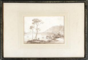A 19th century sepia study of figures by a lake, inscribed to verso 'Ingres W', 16x24cm