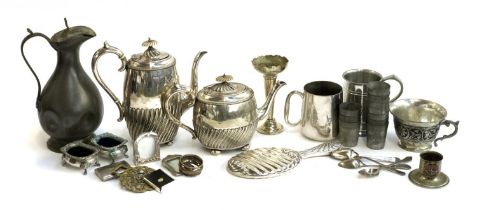 A silver plated coffee pot and teapot, pewter ewer, plated salts, spill vase etc