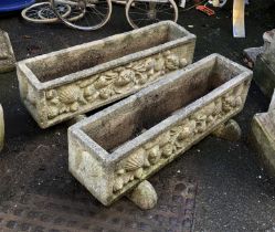 A pair of composite stone trough planters on paw feet, 89x22x30cmH including feet