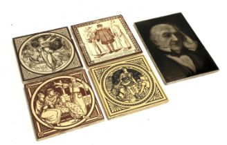 Three Mintons tiles, and one other, depicting Anthony & Cleopatra, Vivien, The Pilgrims and the