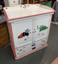A painted cabinet, hand painted with Barbar characters, 105cmW
