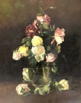 20th century still life of roses, signed E M Wires, oil on canvas, 69.5cm x 54cm