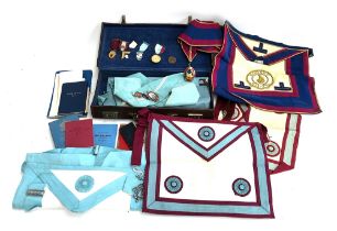 A large collection of Masonic interest items, including a mongrammed leather case containing regalia