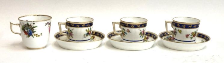 A trio of 19th century Mintons coffee cups and saucers, retailed by John Mortlock Co. London, cobalt