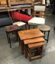 A mixed lot: a nest of three tables, stickback chair, sidechair with green stuffover seat,