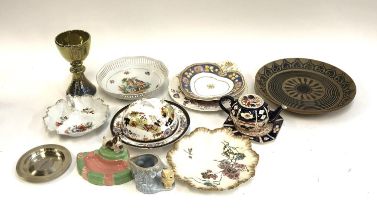 A mixed box of china to include studio lustre chalice, novelty early 20th century dog ashtray