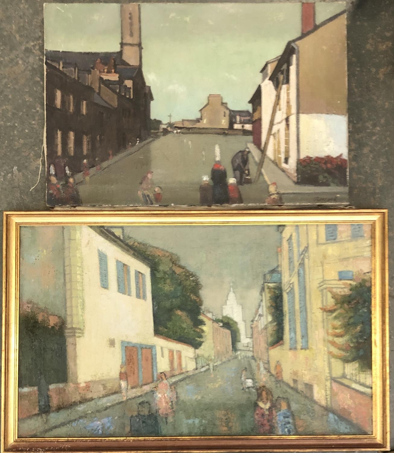 Rodney Fryer Russell (1918-1996), two street scenes, oils on canvas, 42x70cm and 41x61cm (2)