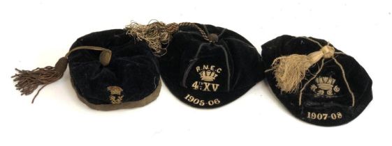 Two early 20th century Rugby caps, embroidered 'RNEC 4th XV 1905-06' and 'RNEC 2nd XV 1906-08',