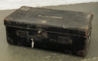 A Victorian black canvas and leather bound travel trunk, the top inscribed 'D.J.C Glass', 93cmW;