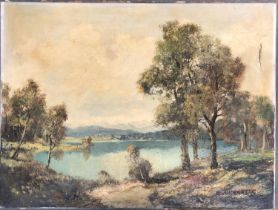 Early 20th oil on canvas, lakeside landscape, signed indistinctly, 61x81cm